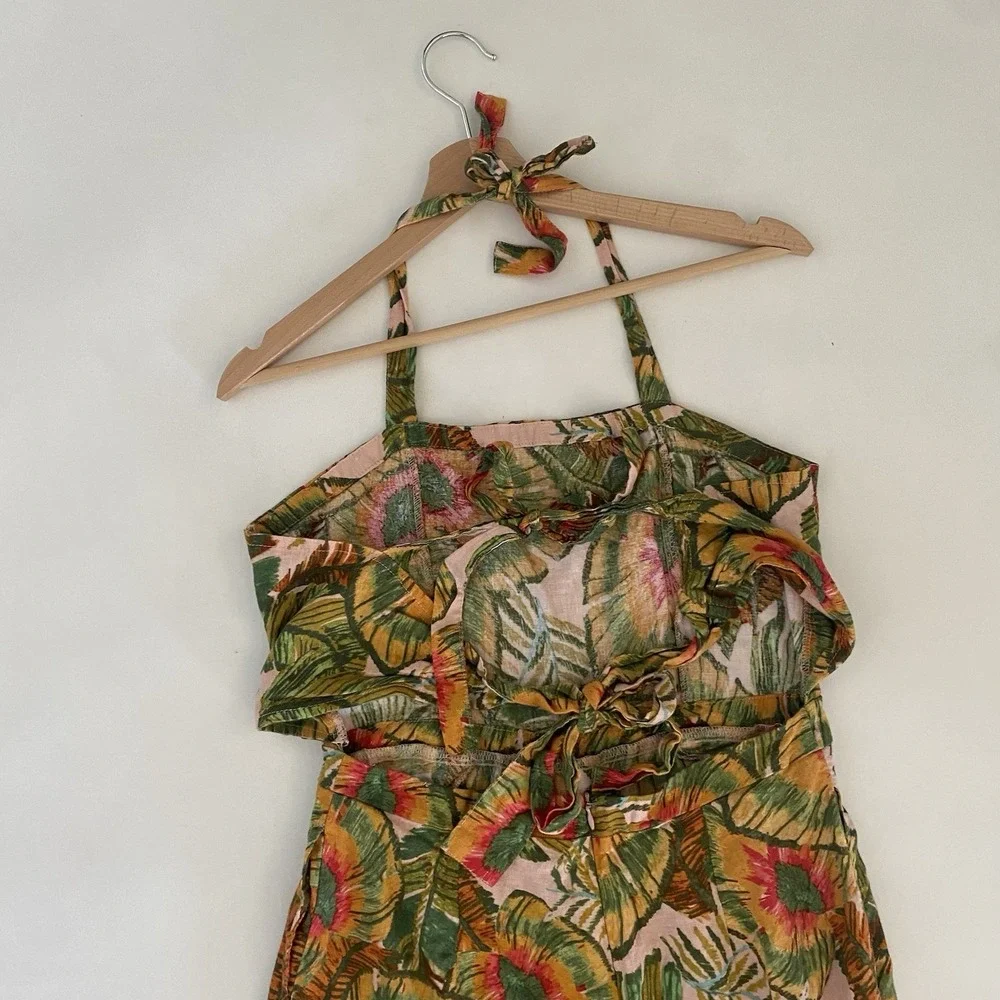 Cynthia Rowley Pink Green Tropical Wide Leg Jumpsuit Medium Holiday Resort Linen